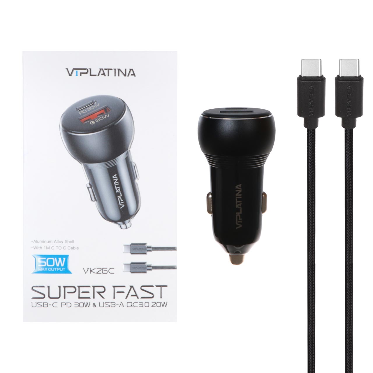 شارژر فندکی PD و فست دو پورت VIPLATINA مدل VK26C 50W به همراه کابل شارژ Type-C To Type-C - مشکی (گارانتی 12 ماه تعویض نیکان همراه)
