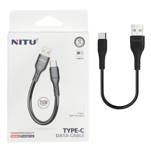 کابل شارژ پاوربانک فست NITU Type-C مدل NC251B - مشکی (گارانتی 12 ماه تعویض نیکان همراه)