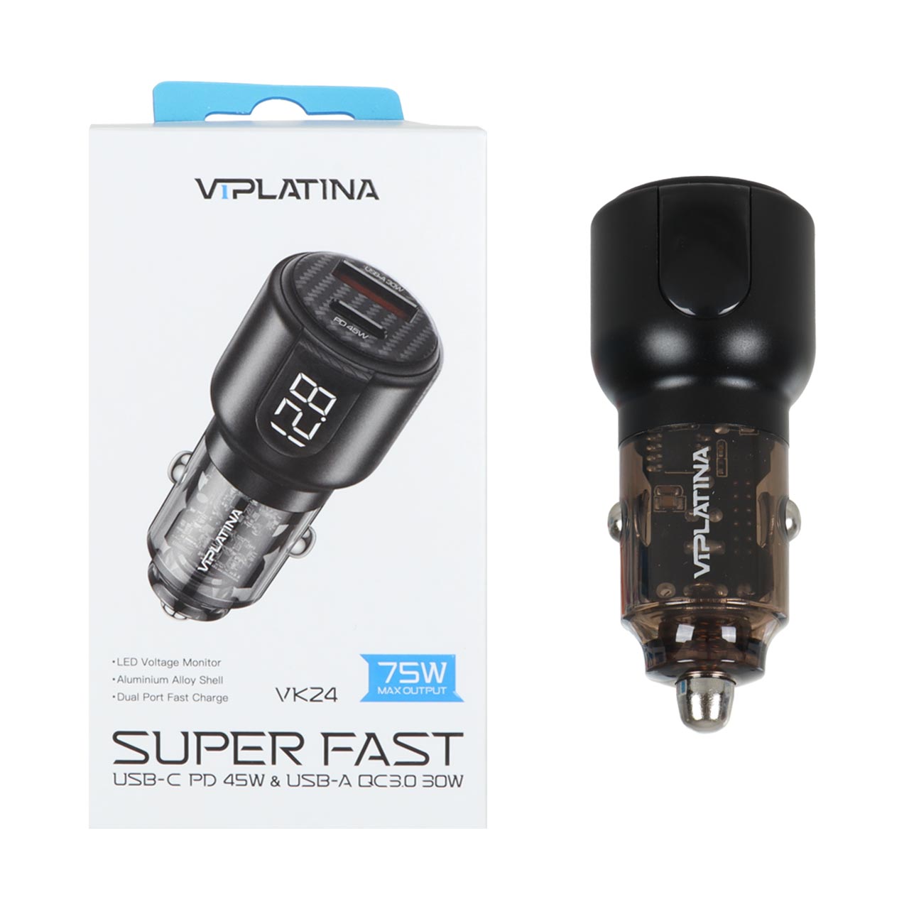 شارژر فندکی فست و PD دو پورت VIPLATINA مدل VK24 75W - مشکی (گارانتی 12 ماه تعویض نیکان همراه)