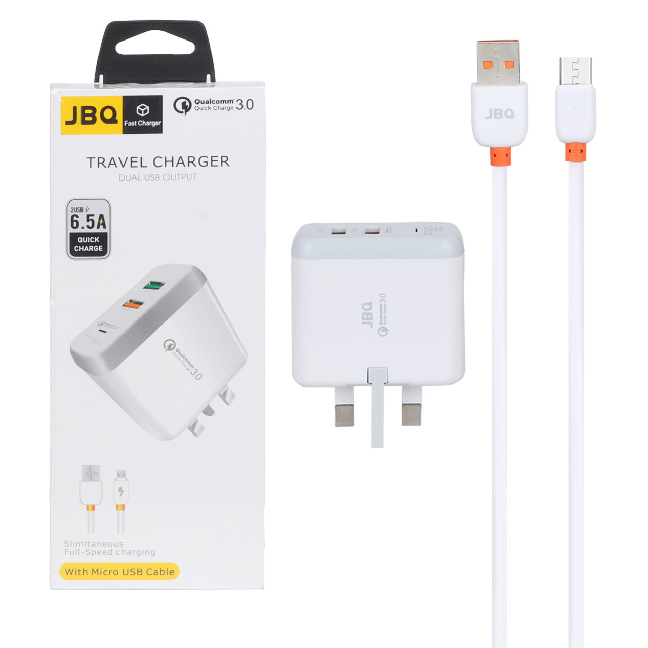 شارژر دیواری فست دو پورت JBQ مدل F-2USB 18W همراه با کابل اندروید - سفید (گارانتی یکساله رصاصی)