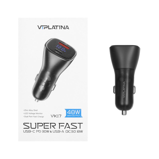 شارژر فندکی فست و PD دو پورت VIPLATINA مدل VK17 48W - مشکی (گارانتی 12 ماه تعویض نیکان همراه)