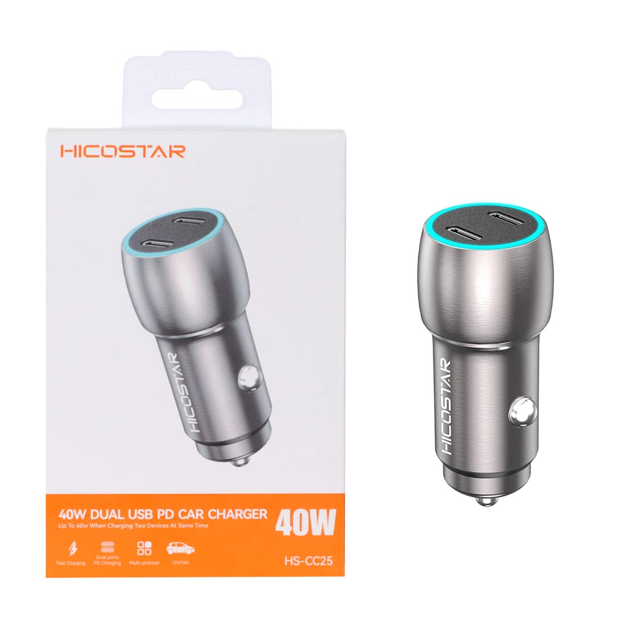 شارژر فندکی 40W فست و PD دو پورت Hicostar مدل HS-CC25 - نقره ای