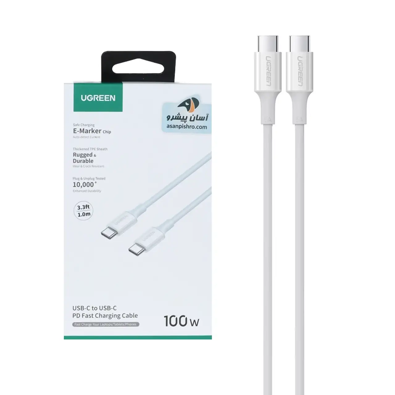 کابل شارژ PD و فست UGREEN Type-C To Type-C مدل 100W 60551 - سفید (گارانتی 18 ماهه آسان پیشرو)