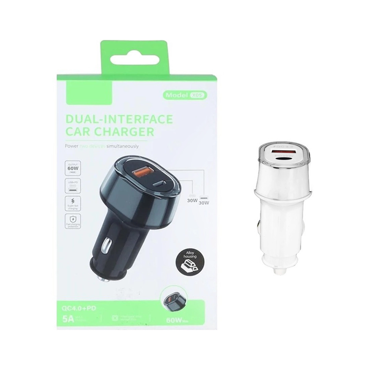 شارژر فندکی PD و فست دو پورت مدل X05 60W - سفید - RYL