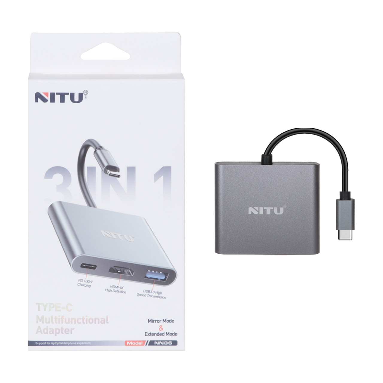 هاب و تبدیل Type-C به HDMI مدل NITU NN36 ، سه پورت مخصوص موبایل و تبلت و لپ تاپ – خاکستری (گارانتی شش ماه تعویض نیکان همراه)