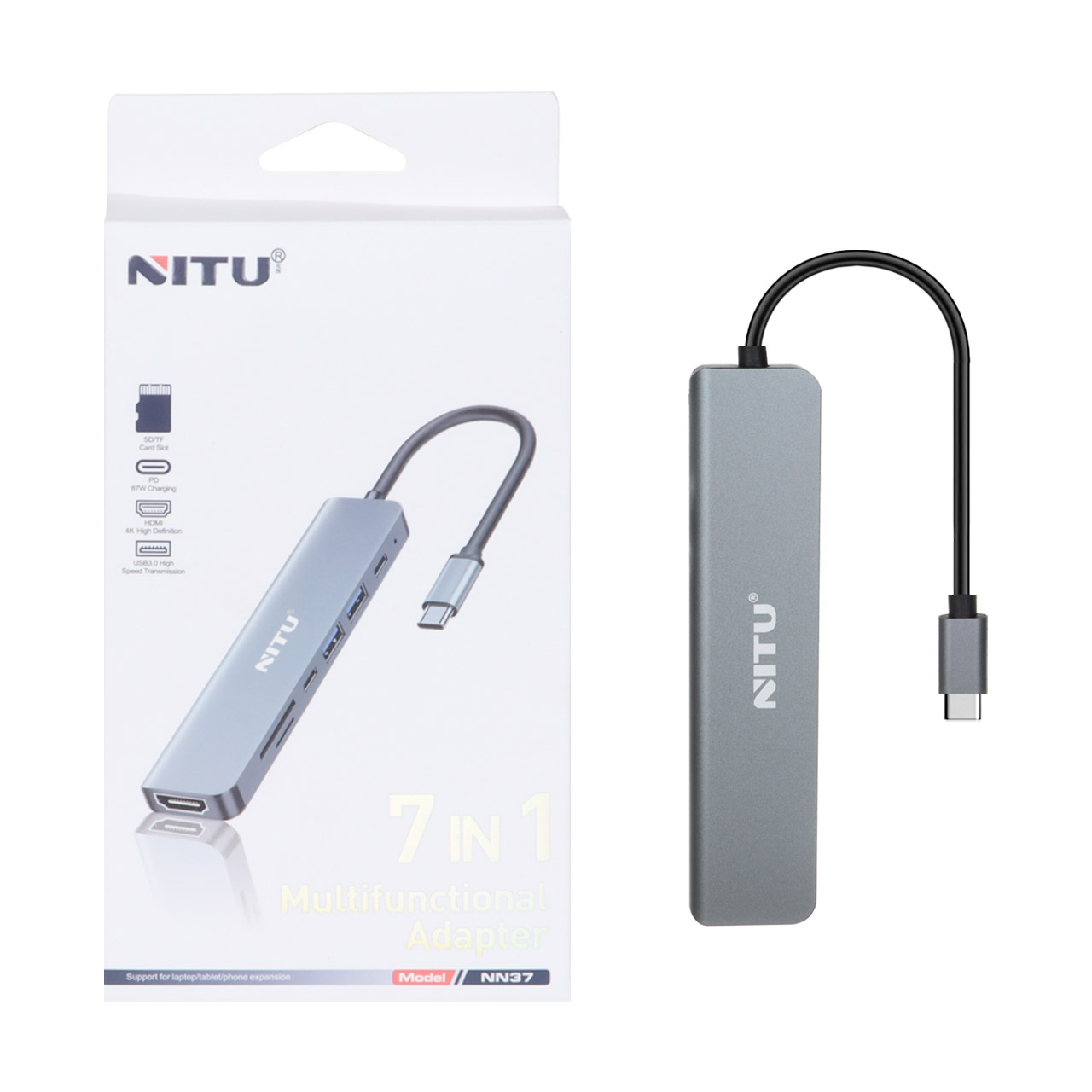 هاب 7 پورت NITU Type-C مدل NN37 - خاکستری(گارانتی شش ماه تعویض نیکان همراه)