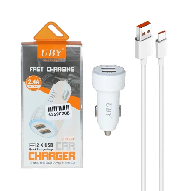شارژر فندکی فست دو پورت UBY مدل U-C12 همراه با کابل Type-C - سفید - ASP (گارانتی شش ماهه آروین)