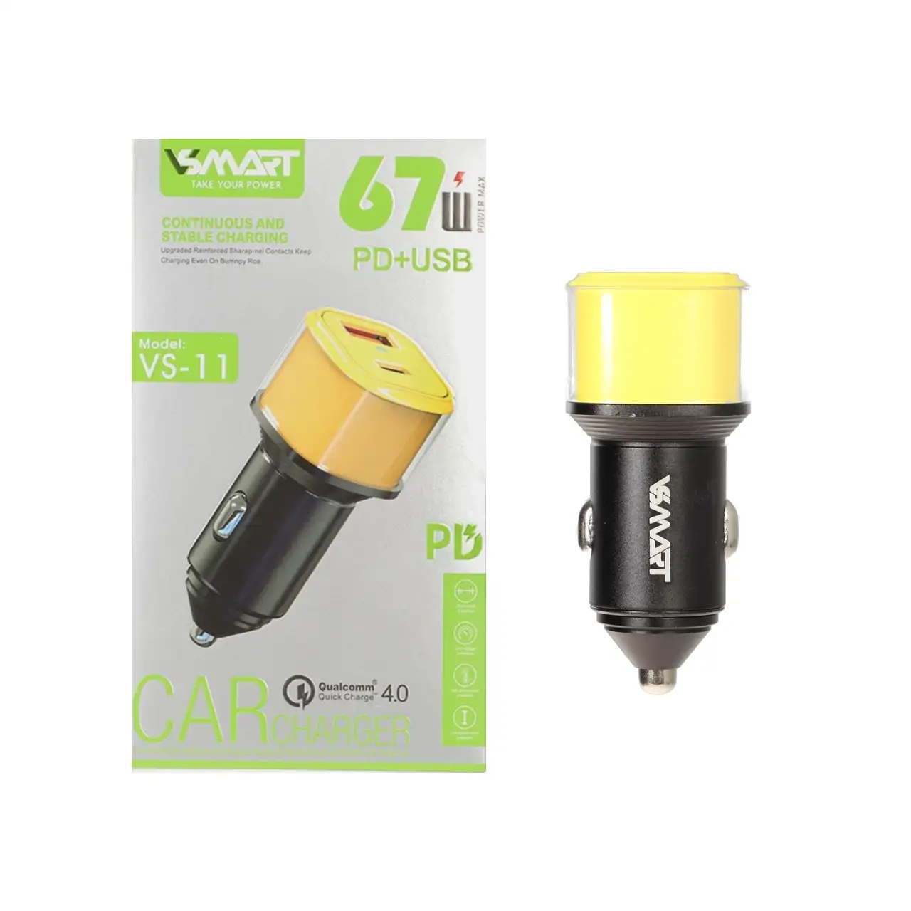 شارژر فندکی PD و فست دو پورت V-Smart مدل VS-11 67W - زرد - BSA