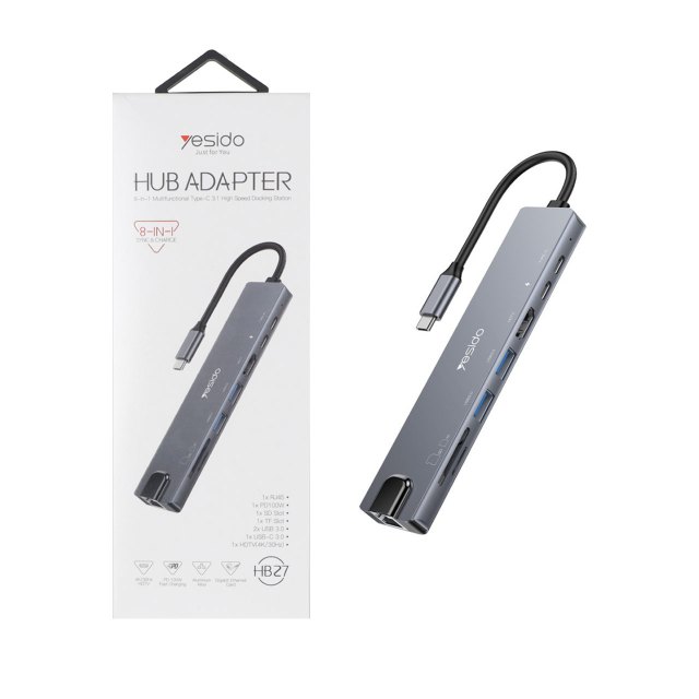 هاب 8 پورت Yesido Type-C مدل HB27 - خاکستری(گارانتی شش ماه تعویض نیکان همراه)