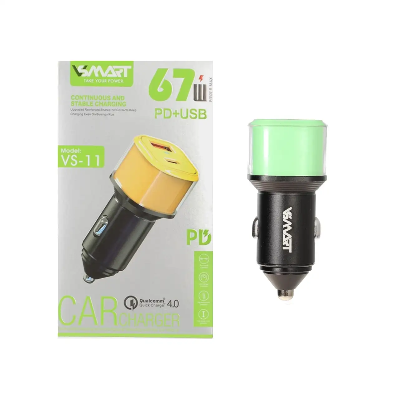 شارژر فندکی PD و فست دو پورت V-Smart مدل VS-11 67W - سبز - BSA