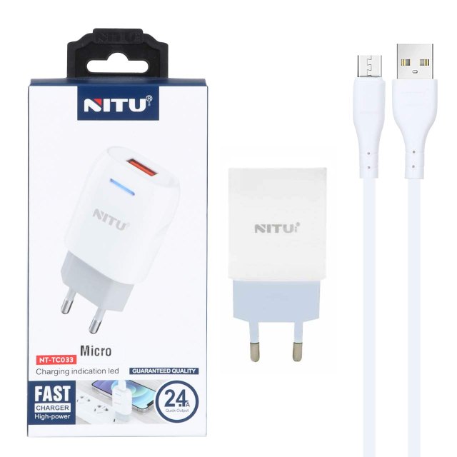 شارژر دیواری فست تک پورت Nitu مدل NT-TC033 به همراه کابل شارژ اندروید - سفید (گارانتی 12 ماه تعویض نیکان همراه)