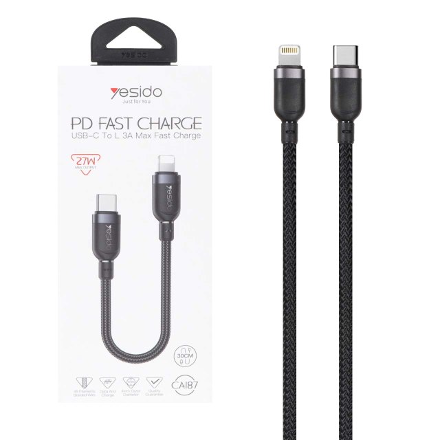 کابل شارژ فست پاوربانک Yesido Type-C To Lightning مدل CA187 27W - مشکی (گارانتی 12 ماه تعویض نیکان همراه)