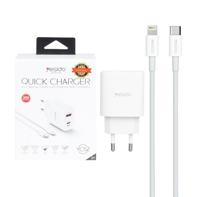 شارژر دیواری فست و PD سه پورت Yesido مدل YC52 30W به همراه کابل شارژ Type-C To Lightning - سفید (گارانتی 12 ماه تعویض نیکان همراه)