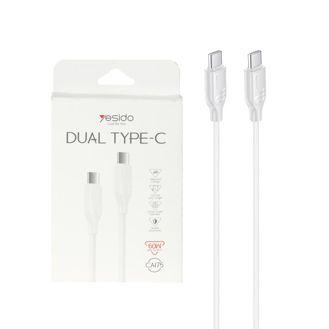 کابل شارژ فست Yesido Type-C To Type-C مدل CA175 60W - سفید (گارانتی6 ماه تعویض نیکان همراه)
