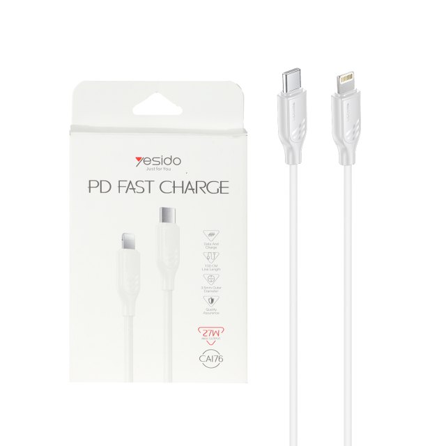 کابل شارژ فست Yesido Type-C to Lightning مدل CA176 27W - سفید (گارانتی6 ماه تعویض نیکان همراه)