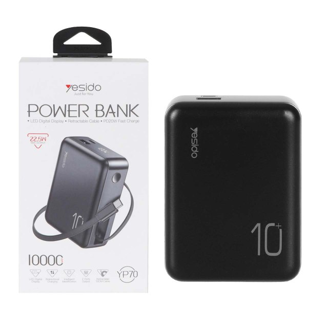 پاوربانک PD و فست شارژ Yesido 22.5W 10000mAh مدل YP70 - مشکی (گارانتی 18 ماه تعویض نیکان همراه)