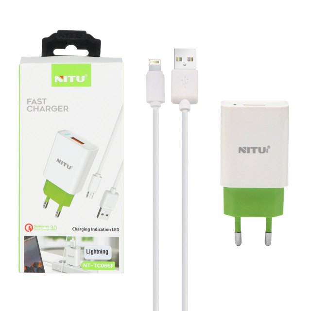 شارژر دیواری فست تک پورت NITU مدل NT-TC066F به همراه کابل شارژ آیفون - سفید سبز (گارانتی 6 ماه تعویض نیکان همراه)