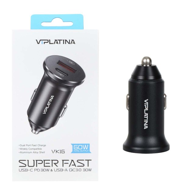 شارژر فندکی فست و PD دو پورت VIPLATINA مدل VK16 60W - مشکی (گارانتی 6 ماه تعویض نیکان همراه)