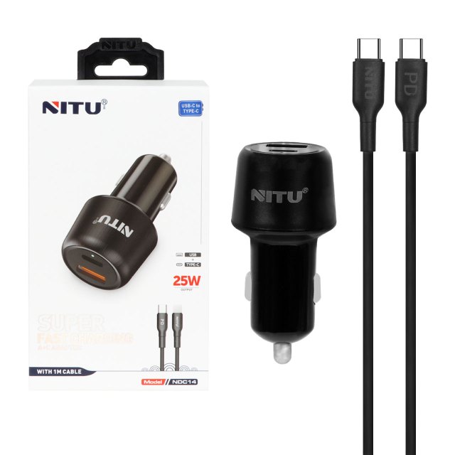شارژر فندکی فست و PD دو پورت NITU مدل NDC14 25W همراه با کابل Type-C To Type-C - مشکی (گارانتی 6 ماه تعویض نیکان همراه)