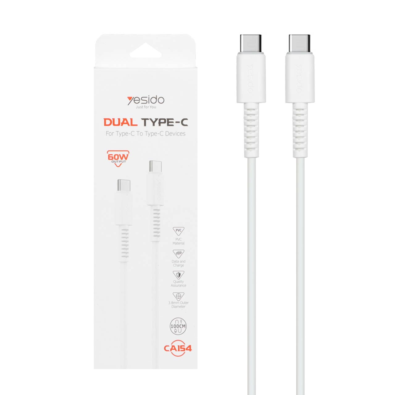 کابل شارژ فست Yesido Type-C to Type-C مدل CA154 - سفید (گارانتی12 ماه تعویض نیکان همراه)