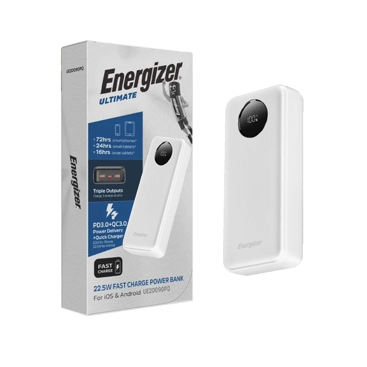 پاوربانک PD و فست شارژ Energizer 22.5W 20000mAh مدل UE20090PQ - سفید (گارانتی متین)