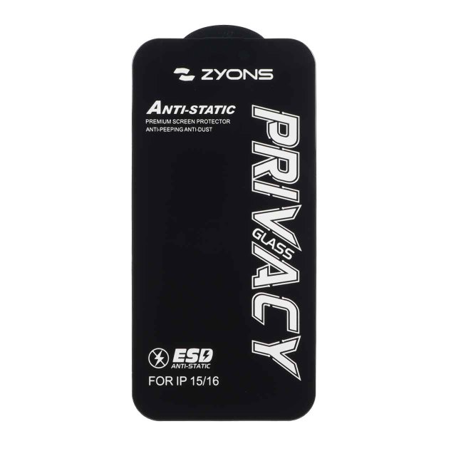 محافظ صفحه نمایش شیشه ای Anti Static - ESD Zyons Privacy مدل Apple iPhone 16 / iPhone 15 / iPhone 14 Pro