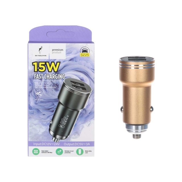 شارژر فندکی فست دو پورت SKY DOLPHIN مدل SZ25 15W - طلایی - RYL