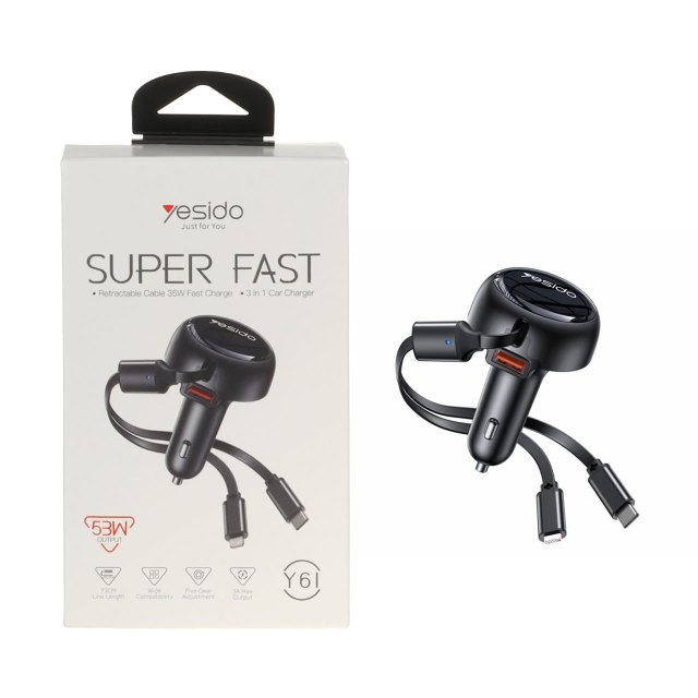 شارژر فندکی PD و فست سه پورت Yesido مدل Y61 53W - مشکی (گارانتی 6 ماه تعویض نیکان همراه)