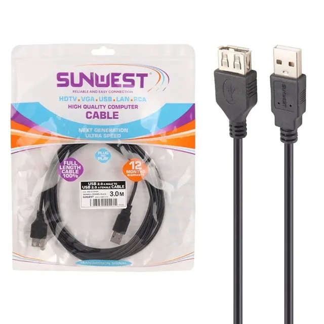 کابل افزایش طول 3 متری SunWest USB2.0 - مشکی - TCO