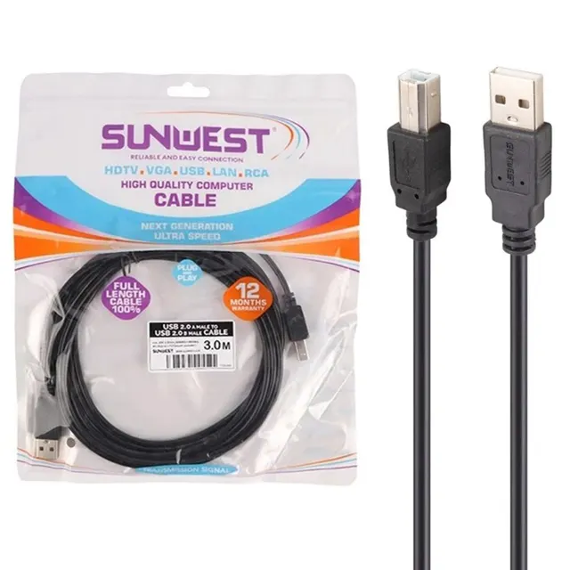 کابل 3 متری پرینتر SunWest - مشکی - TCO