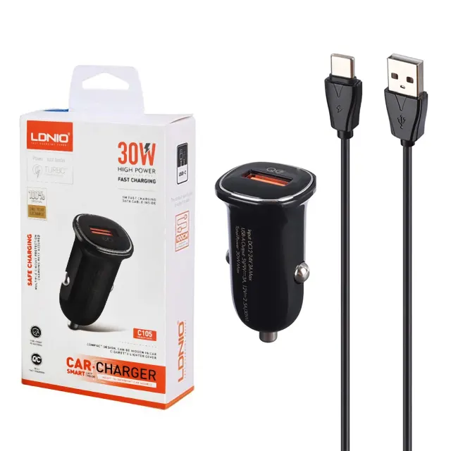 شارژر فندکی فست تک پورت LDNIO مدل C105 30W به همراه کابل شارژ Type-C - مشکی