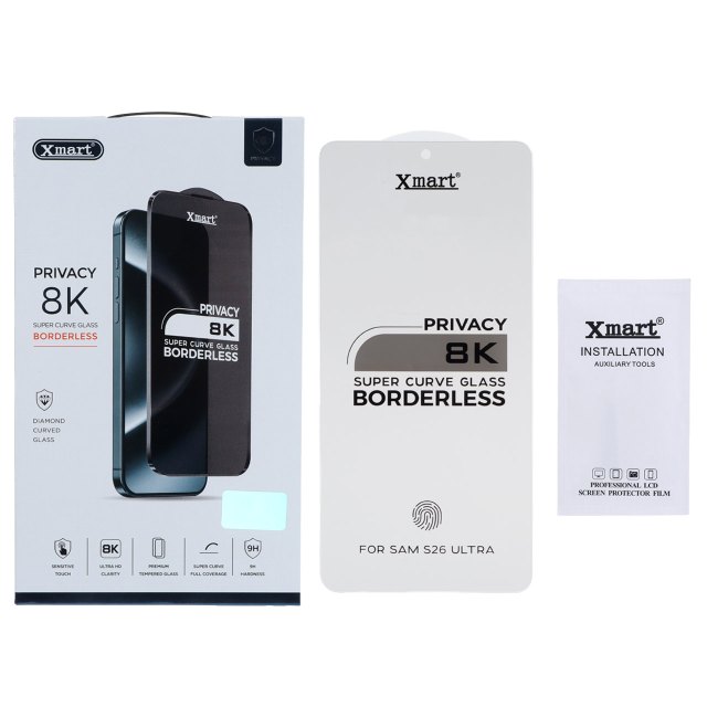 محافظ صفحه نمایش شیشه ای اورجینال بدون حاشیه XMART Privacy Super Curve 8K مدل Samsung Galaxy S26 Ultra (پک دار)
