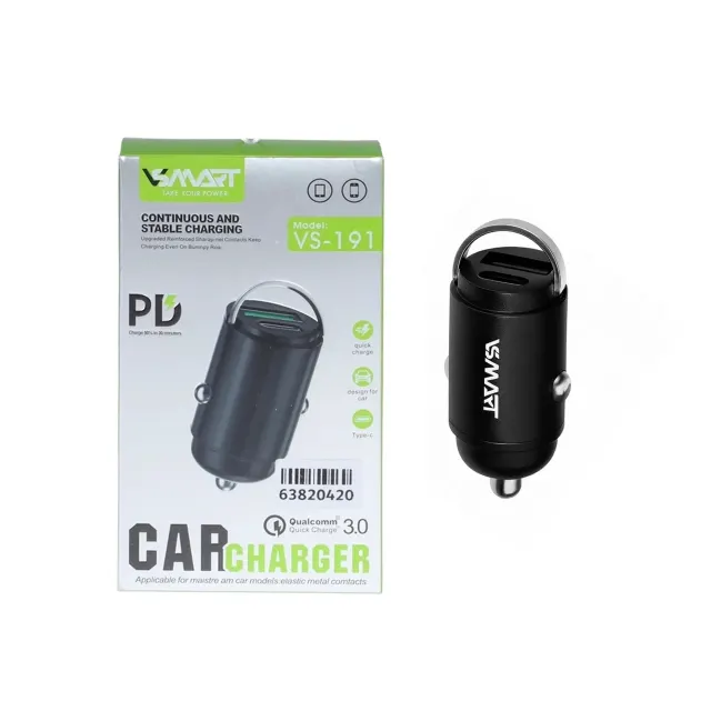 شارژر فندکی PD و فست دو پورت Vsmart مدل VS-191 - مشکی - ASP (گارانتی شش ماهه آروین)