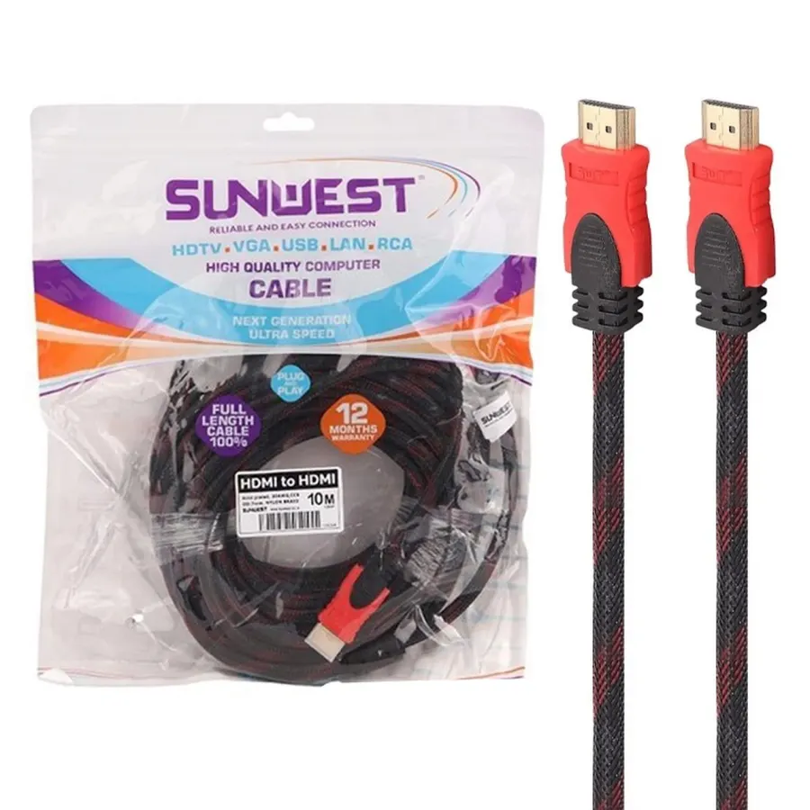 کابل 10 متری کنفی SunWest HDMI - مشکی قرمز - TCO - تصویر 1