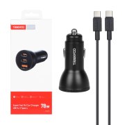 شارژر فندکی فست سه پورت Tranyoo مدل T-C25 78W به همراه کابل شارژ Type-C To Type-C - مشکی - تصویر 1