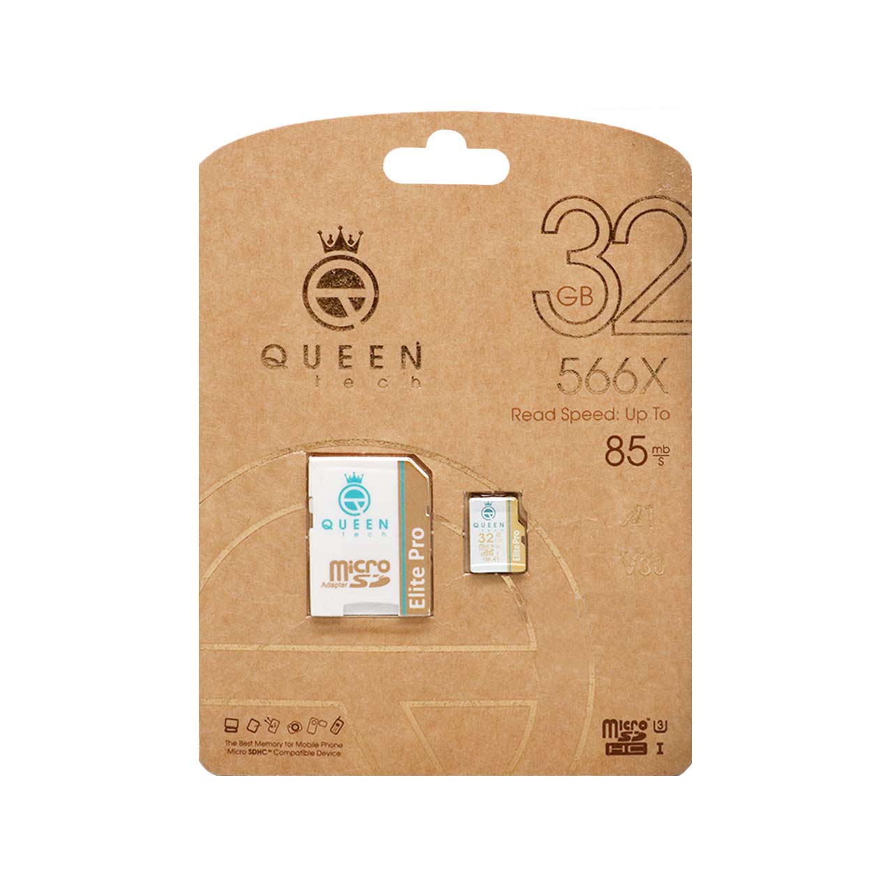 نمای دیگر Queen tech microSDHC & adapter U3 Class 10 566X -85MB/s-32GBسفید طلایی