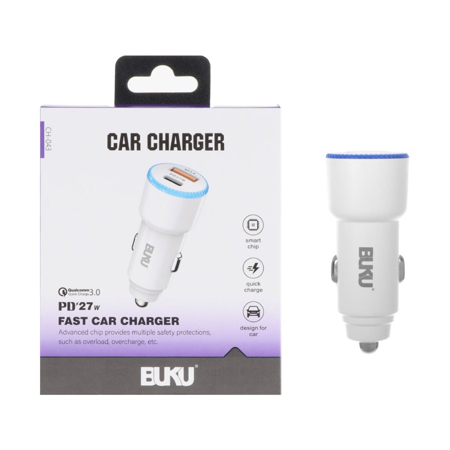 شارژر فندکی فست و PD دو پورت BUKU مدل CH-043 27W - سفید - MMS (گارانتی شش ماهه YA) - تصویر 1