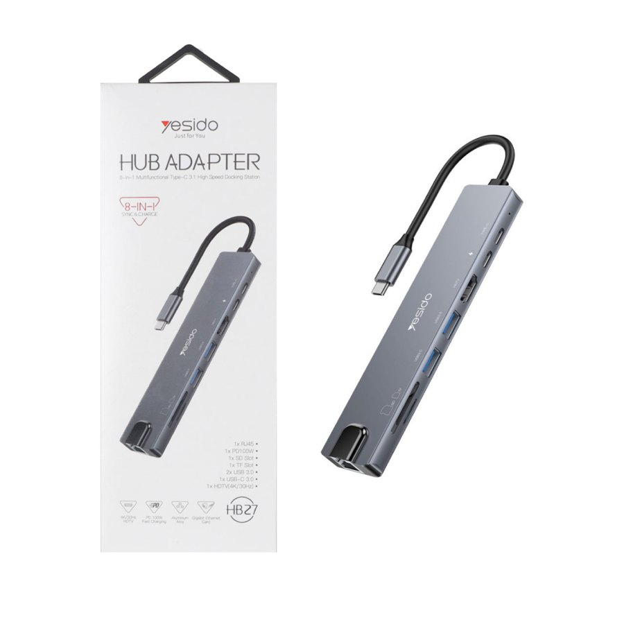 هاب 8 پورت Yesido Type-C مدل HB27 - خاکستری(گارانتی شش ماه تعویض نیکان همراه) - تصویر 1