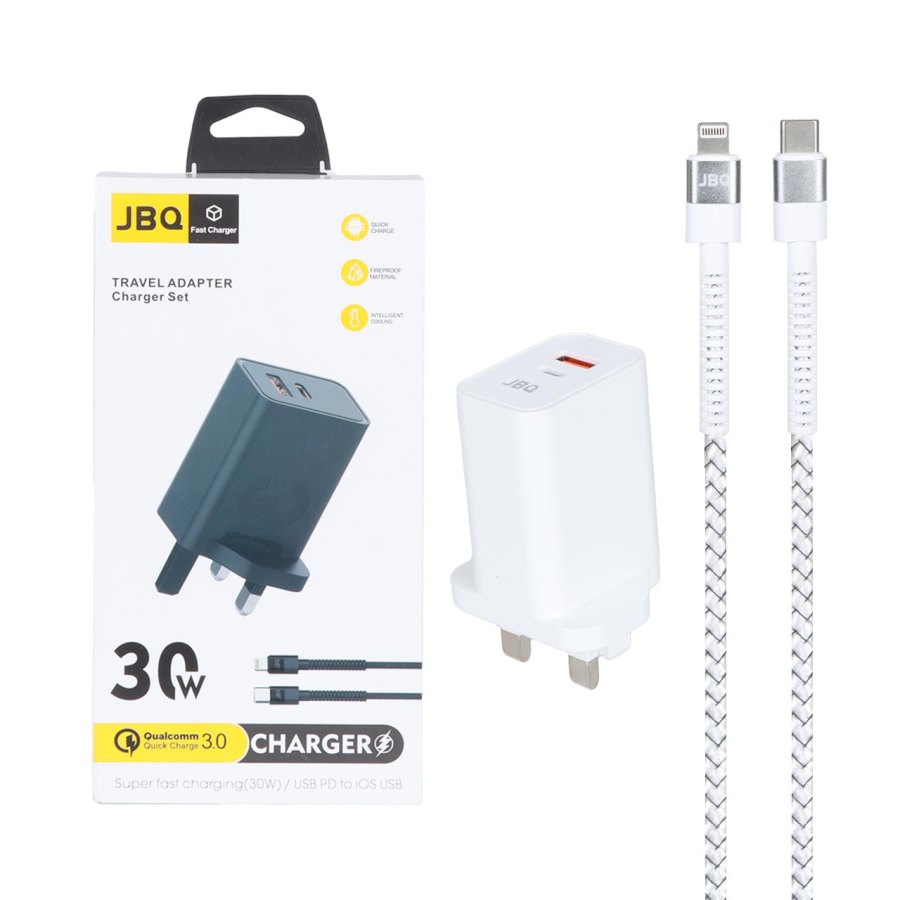 شارژر دیواری فست دو پورت JBQ مدل HC-30w 30W همراه با کابل Type-C To Lightning - سفید (گارانتی یکساله رصاصی) - تصویر 1
