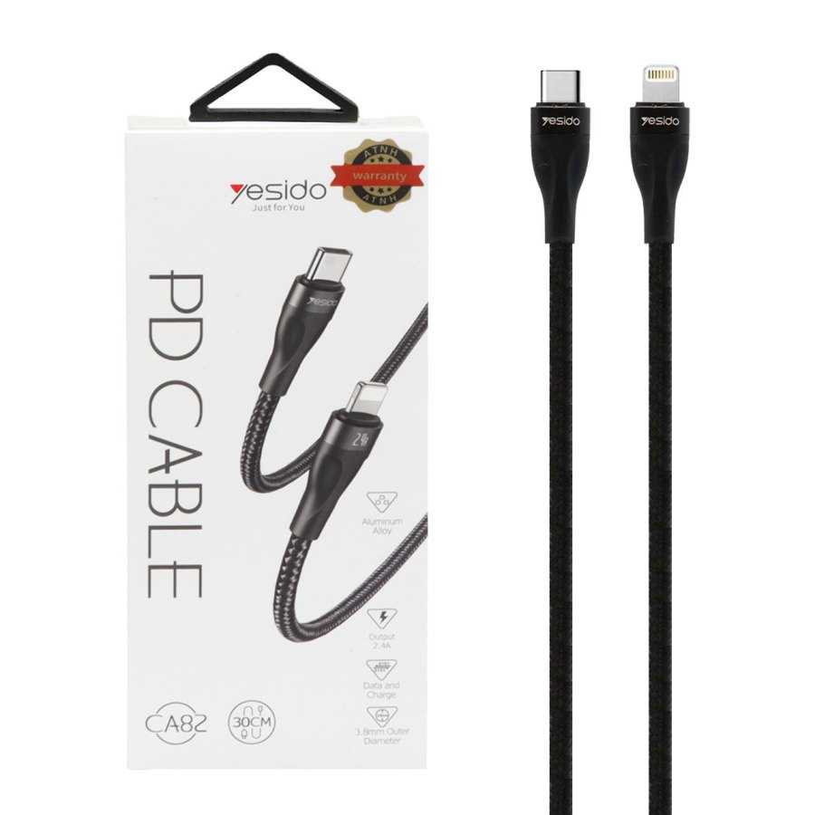 کابل شارژ پاوربانک PD و فست yesido Type-C To Lightning مدل CA82 - مشکی (گارانتی 12 ماه تعویض نیکان همراه) - تصویر 1