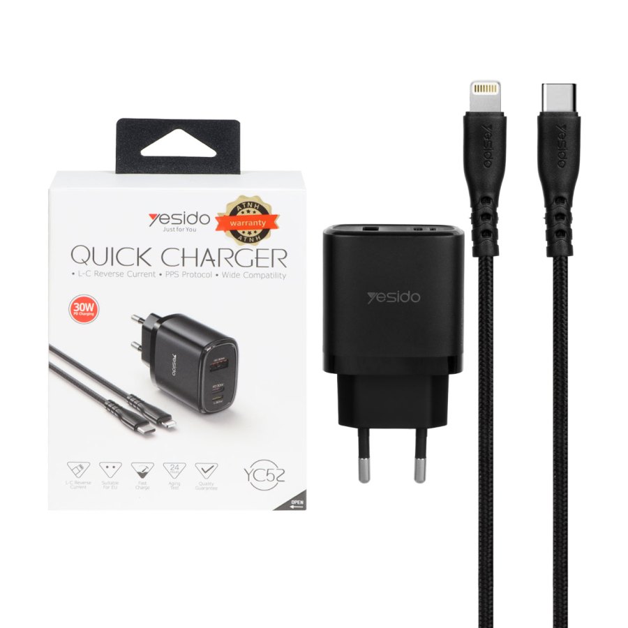 شارژر دیواری فست و PD سه پورت Yesido مدل YC52 30W به همراه کابل شارژ Type-C To Lightning - مشکی (گارانتی 12 ماه تعویض نیکان همراه) - تصویر 1