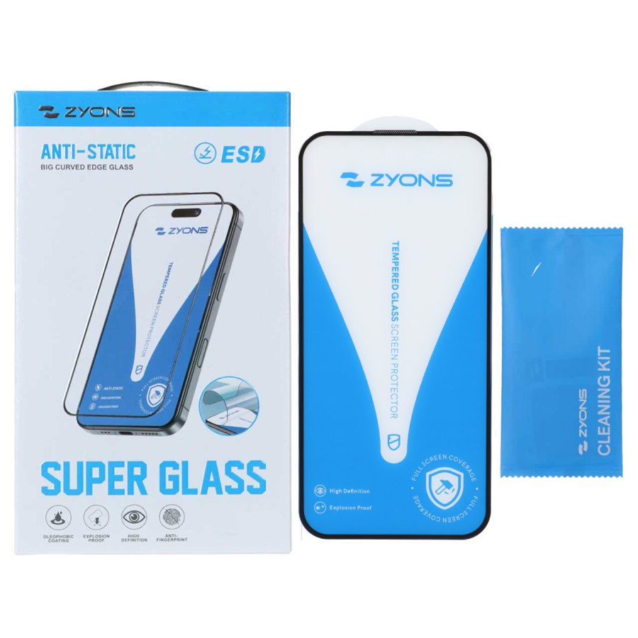 محافظ صفحه نمایش شیشه ای Full Cover ESD Anti Static - Zyons SG مدل Apple iPhone 16 / iPhone 15 / iPhone 14 Pro (پک دار) - تصویر 1