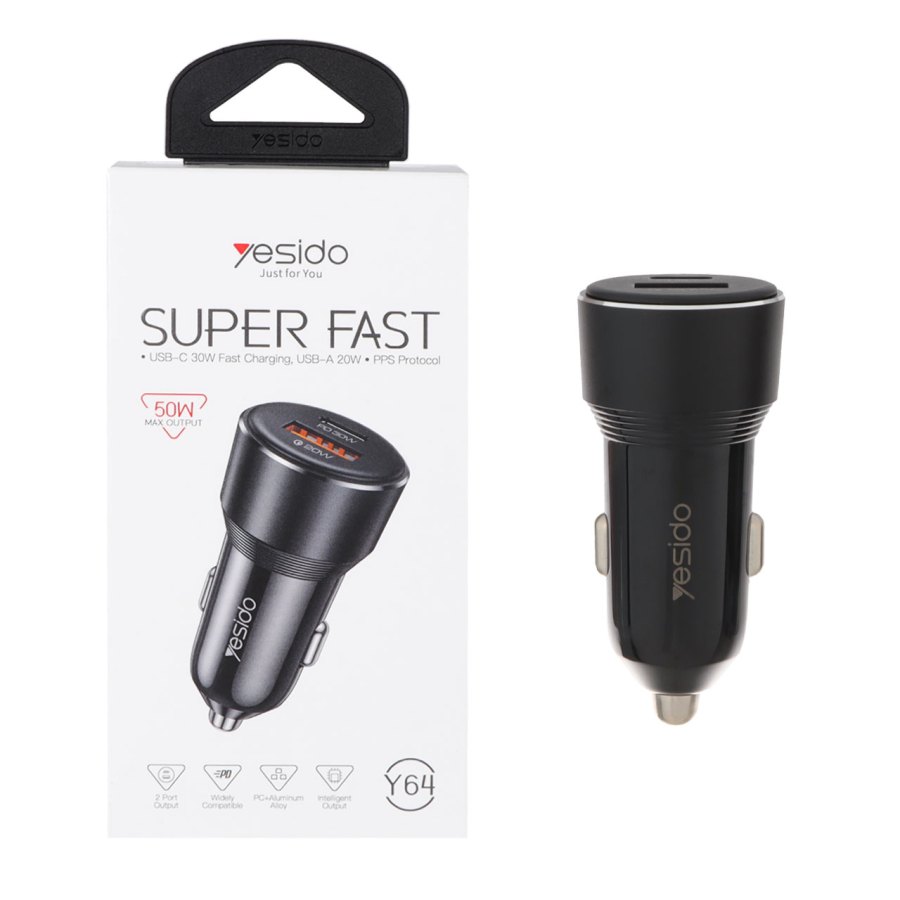 شارژر فندکی PD و فست دو پورت Yesido مدل Y64 50W - مشکی (گارانتی 12 ماه تعویض نیکان همراه) - تصویر 1
