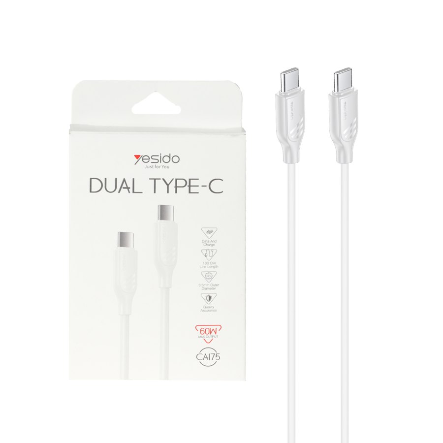کابل شارژ فست Yesido Type-C To Type-C مدل CA175 60W - سفید (گارانتی6 ماه تعویض نیکان همراه) - تصویر 1