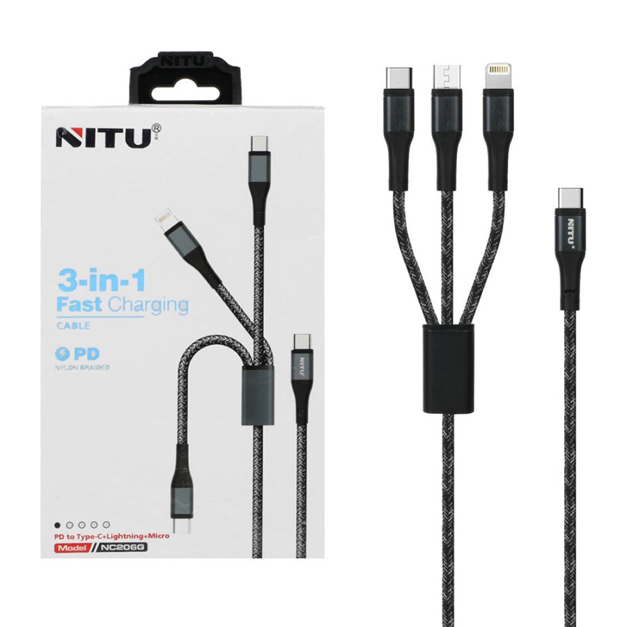 کابل شارژ و دیتا PD و فست 1.2متری سه کاره NITU مدل NC206G - مشکی سفید (گارانتی12 ماه تعویض نیکان همراه) - تصویر 1