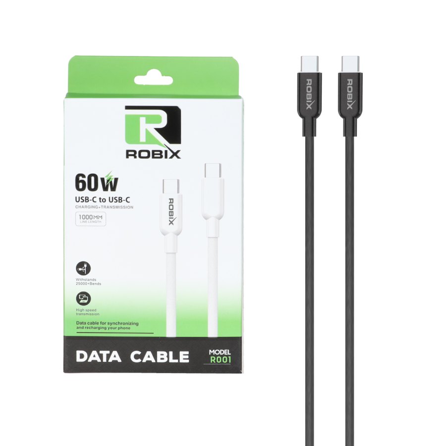 کابل شارژ فست ROBIX Type-C To Type-C مدل R001 60W - مشکی - MDM - تصویر 1