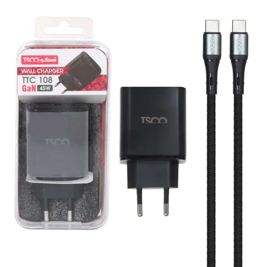شارژر دیواری PD و فست دو پورت 45 وات Tsco مدل TTC 108 به همراه کابل شارژ Type-C To Type-C- مشکی (گارانتی 12 ماهه TSCO) - تصویر 1