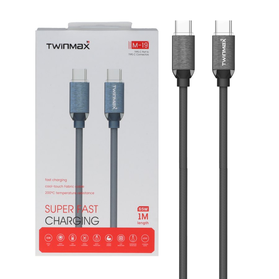 کابل شارژ فست TwinMax Type-C to Type-C مدل M-19 65W - خاکستری - MMX - تصویر 1