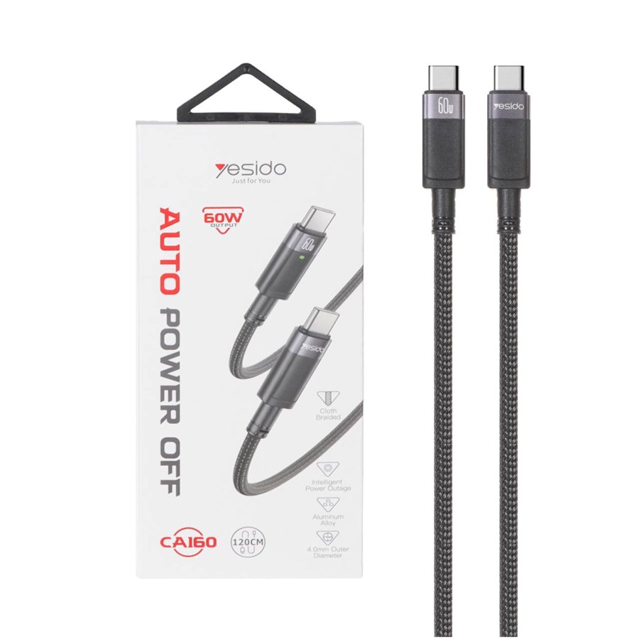 کابل شارژ 1.2 متری PD و فست Yesido Type-C To Type-C مدل CA160 60W - مشکی (گارانتی 12 ماه تعویض نیکان همراه) - تصویر 1